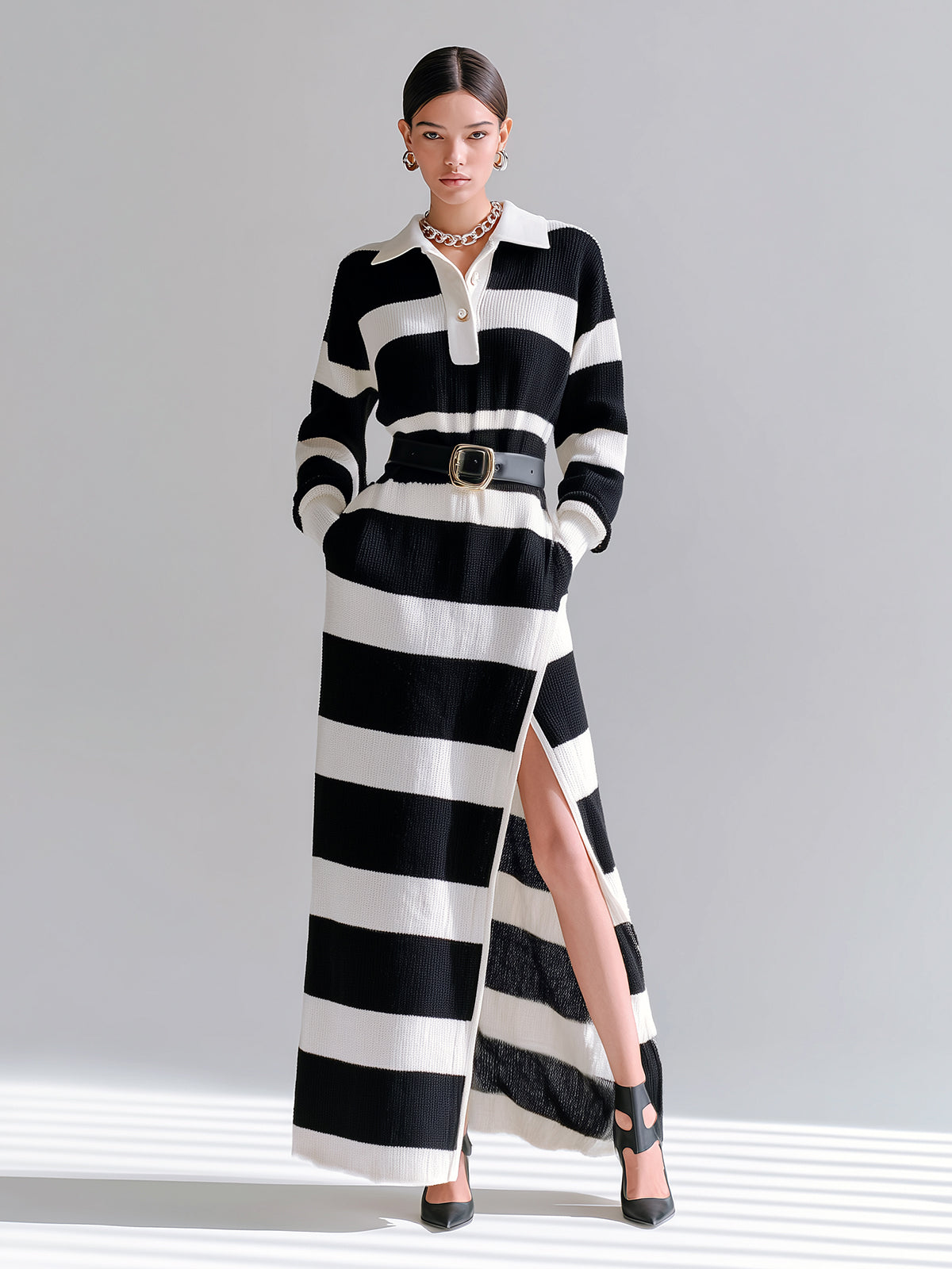 ElevenOra Chic Casual Contrast Stripes Polo Collar Belted Long Sleeve Side Slit Knitted Maxi Dress