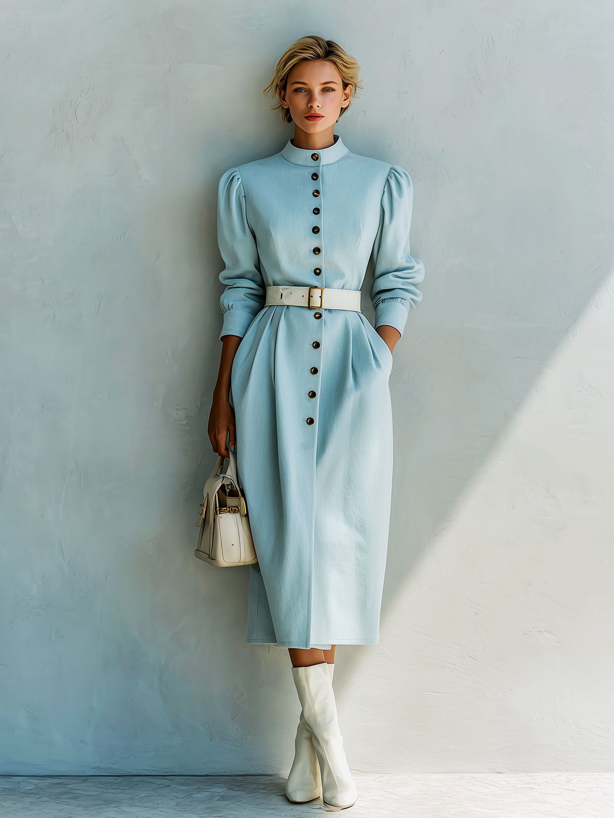 ElevenOra Casual Office Cotton Blend Stand Collar Single-Breasted Belted Long Puff Sleeve Midi Dress