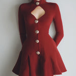 ElevenOra Stylish High Neck Cutout Ornate Metal Buttons Long-Sleeve Flared Knit Mini Dress