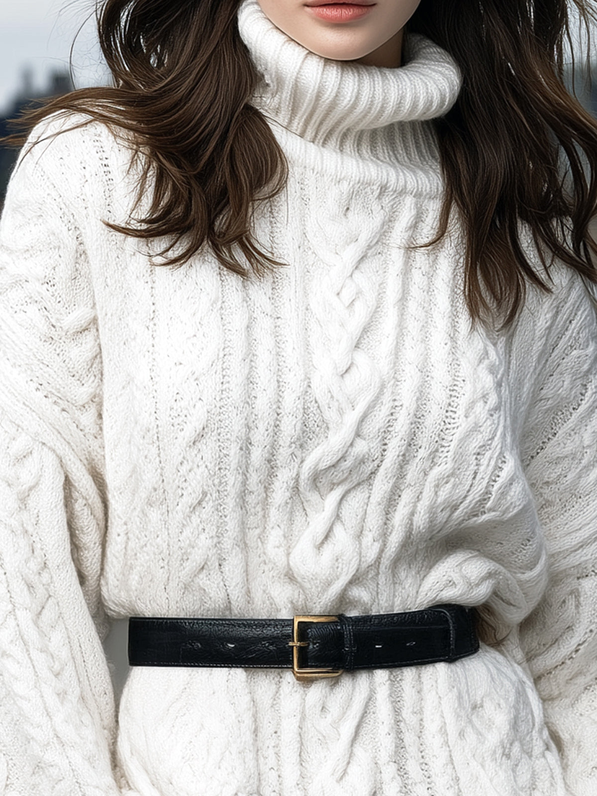 ElevenOra Chic Cozy White Cable Knit Turtleneck Oversized Belted Long Sleeve Sweater Dress