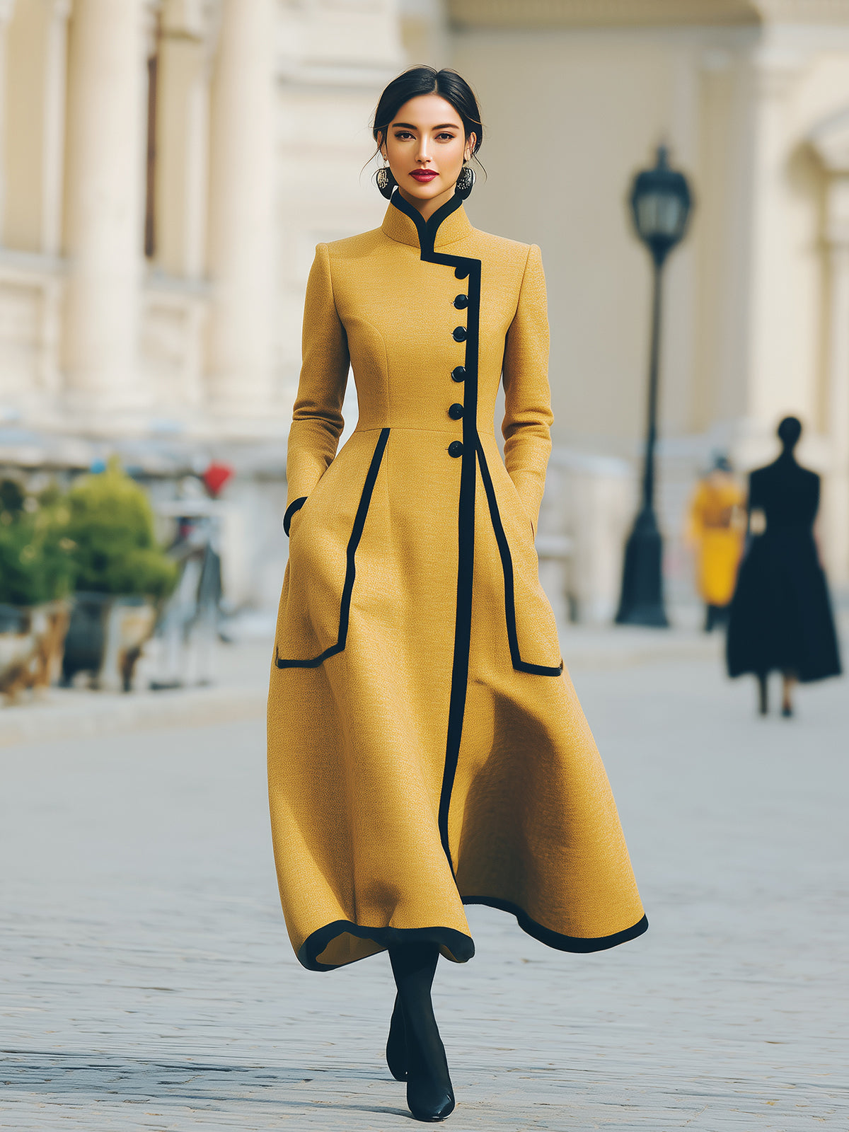 ElevenOra Vintage Elegant Wool Blend Stand-up Collar Slanted Single-breasted Contrast Trim Tailored Waist Long Coat