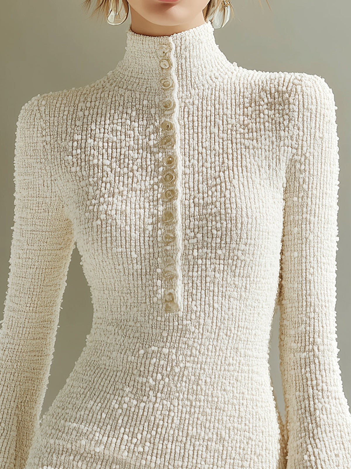 ElevenOra Elegant Solid Color Textured Knit Mock Neck Button-Front Flared Sleeve Fitted Mini Dress