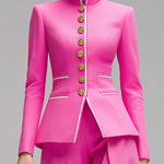 ElevenOra Vintage Elegant Stand Collar Single-Breasted Contrast Trim Tailored Waist Blazer