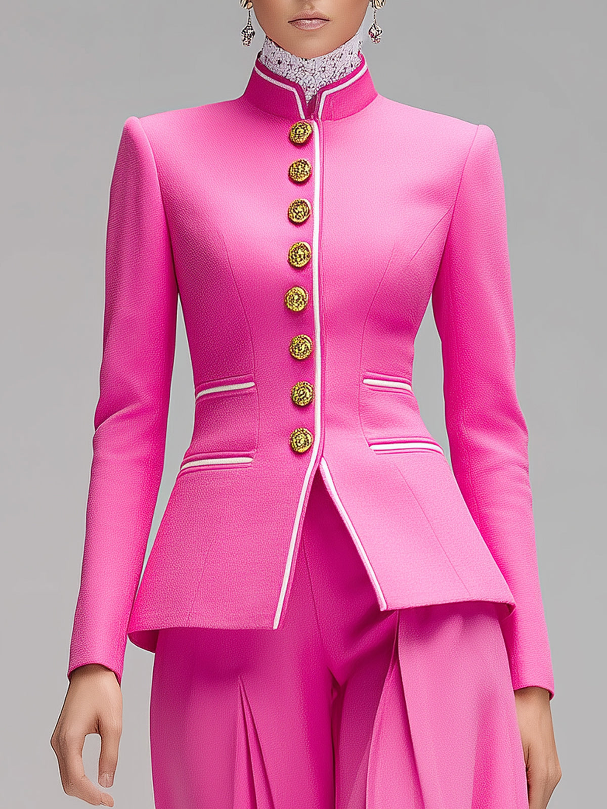 ElevenOra Vintage Elegant Stand Collar Single-Breasted Contrast Trim Tailored Waist Blazer