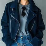 ElevenOra Casual Cool Navy Blue Washed Twill Cotton Blend Lapel Zip-Front Cropped Biker Jacket