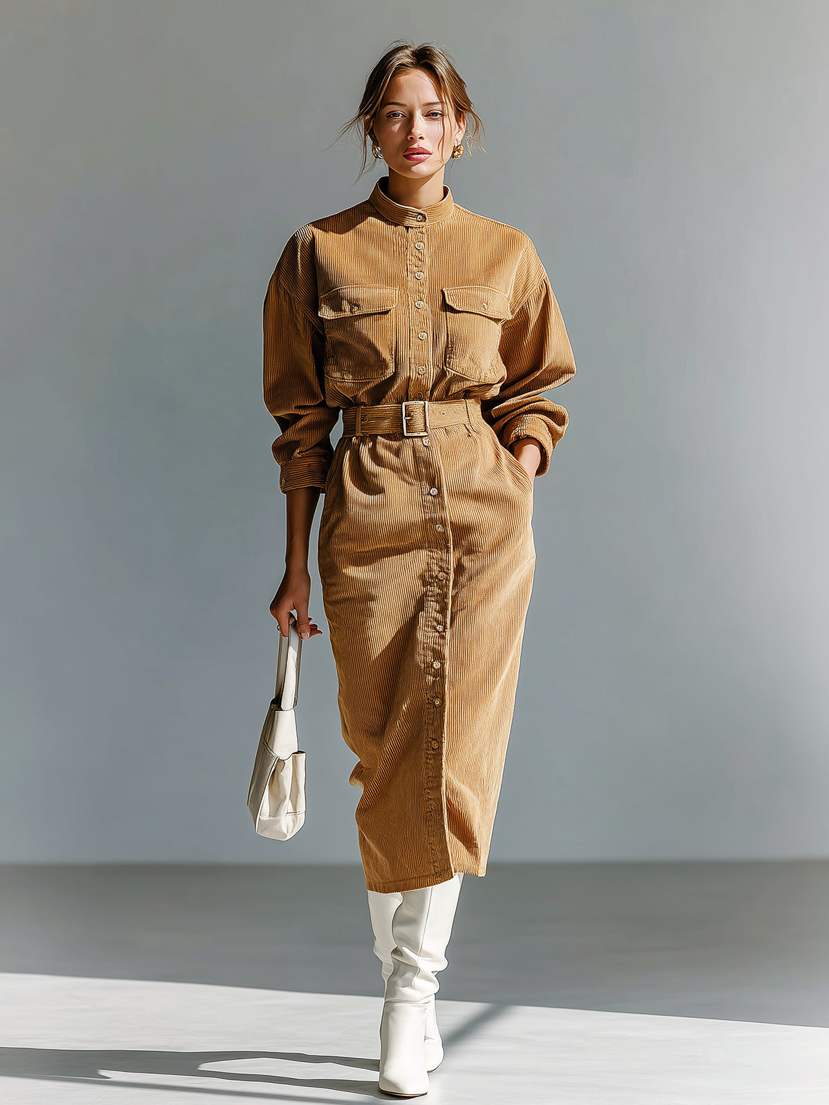 ElevenOra Casual Office Corduroy Stand Collar Single-Breasted Belted Multi-Pocket Long Sleeve Midi Dress