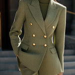 ElevenOra Chic Elegant Green Wool Blend Peak Lapel Double-Breasted Slim-Fit Blazer