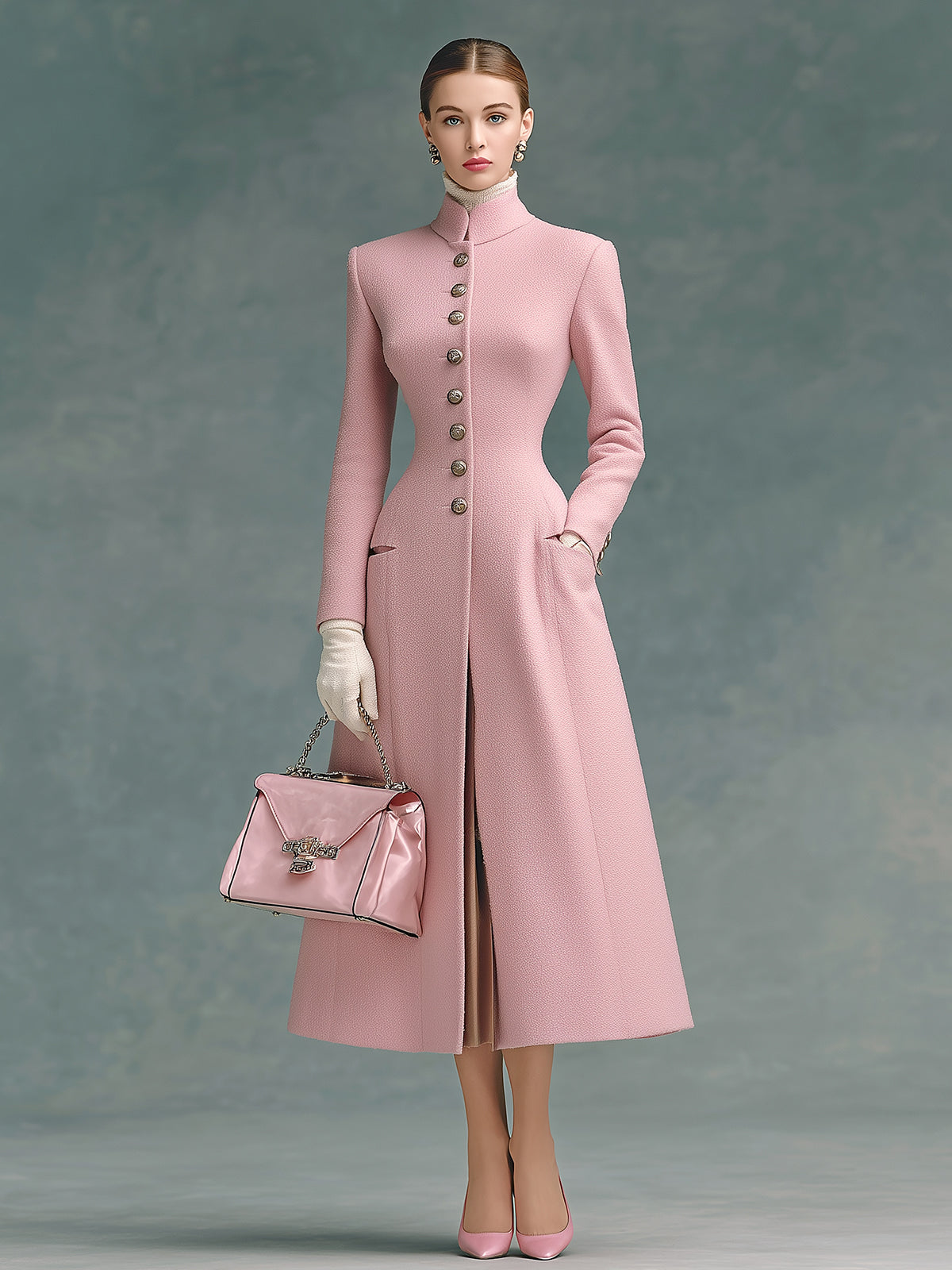 ElevenOra Elegant Vintage Wool Blend Stand Collar Single-Breasted Tailored Waist Long Coat