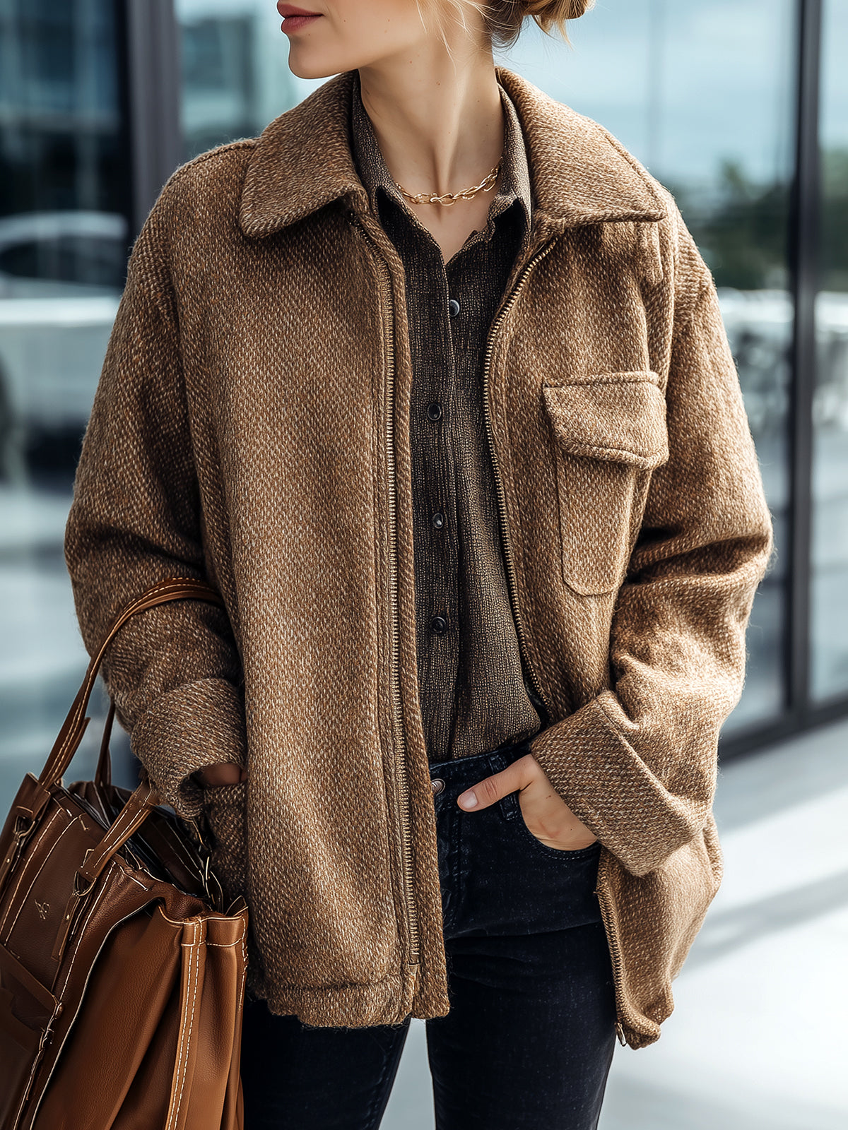 ElevenOra Casual Chic Brown Wool Blend Tweed Lapel Zip-Front Flap Pocket Jacket