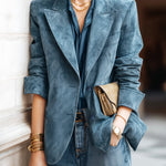 ElevenOra Vintage Office Blue Faux Suede Peak Lapel Single-Breasted Tailored Blazer