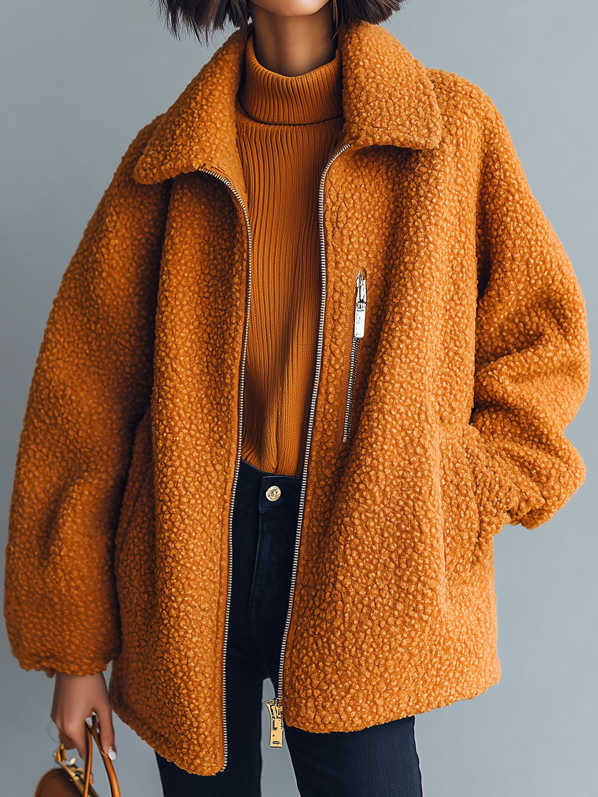 ElevenOra Casual Orange Faux Sherpa Lapel Zip-Front Oversized Warm Coat