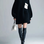ElevenOra Casual Oversized Black Hooded Long-Sleeve Contrast Chest Pocket Knit Mini Dress