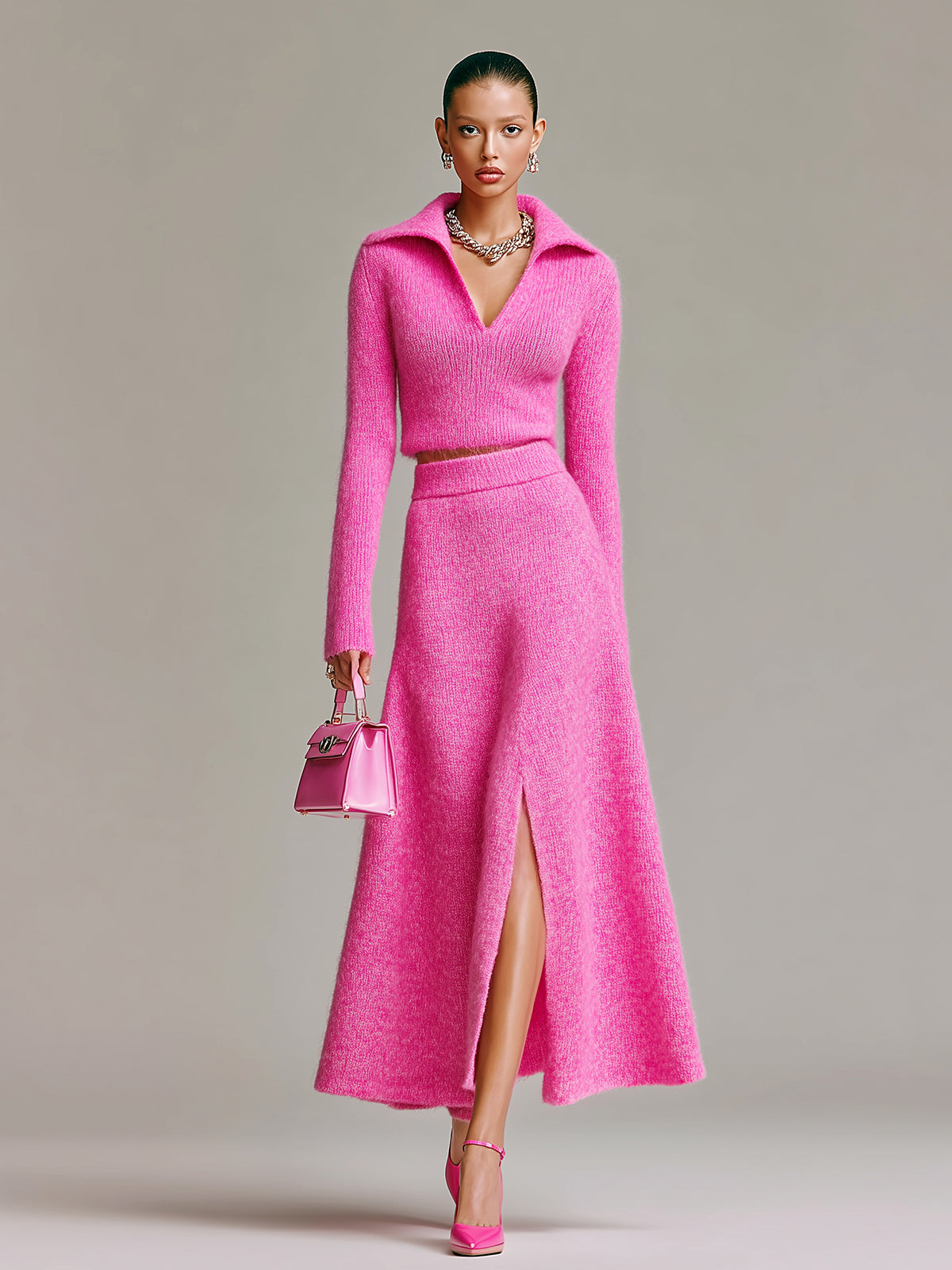 ElevenOra Chic Elegant Hot Pink Lapel Collar Long Sleeve Sweater A-Line Slit Maxi Skirt Knit Two-Piece Set