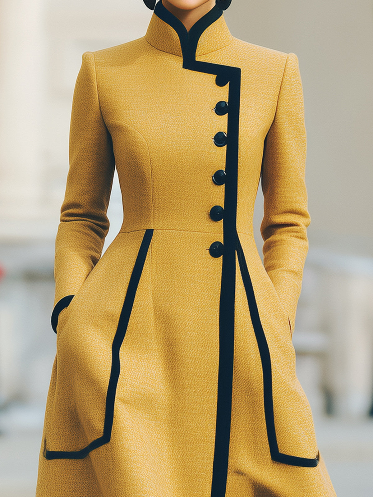 ElevenOra Vintage Elegant Wool Blend Stand-up Collar Slanted Single-breasted Contrast Trim Tailored Waist Long Coat