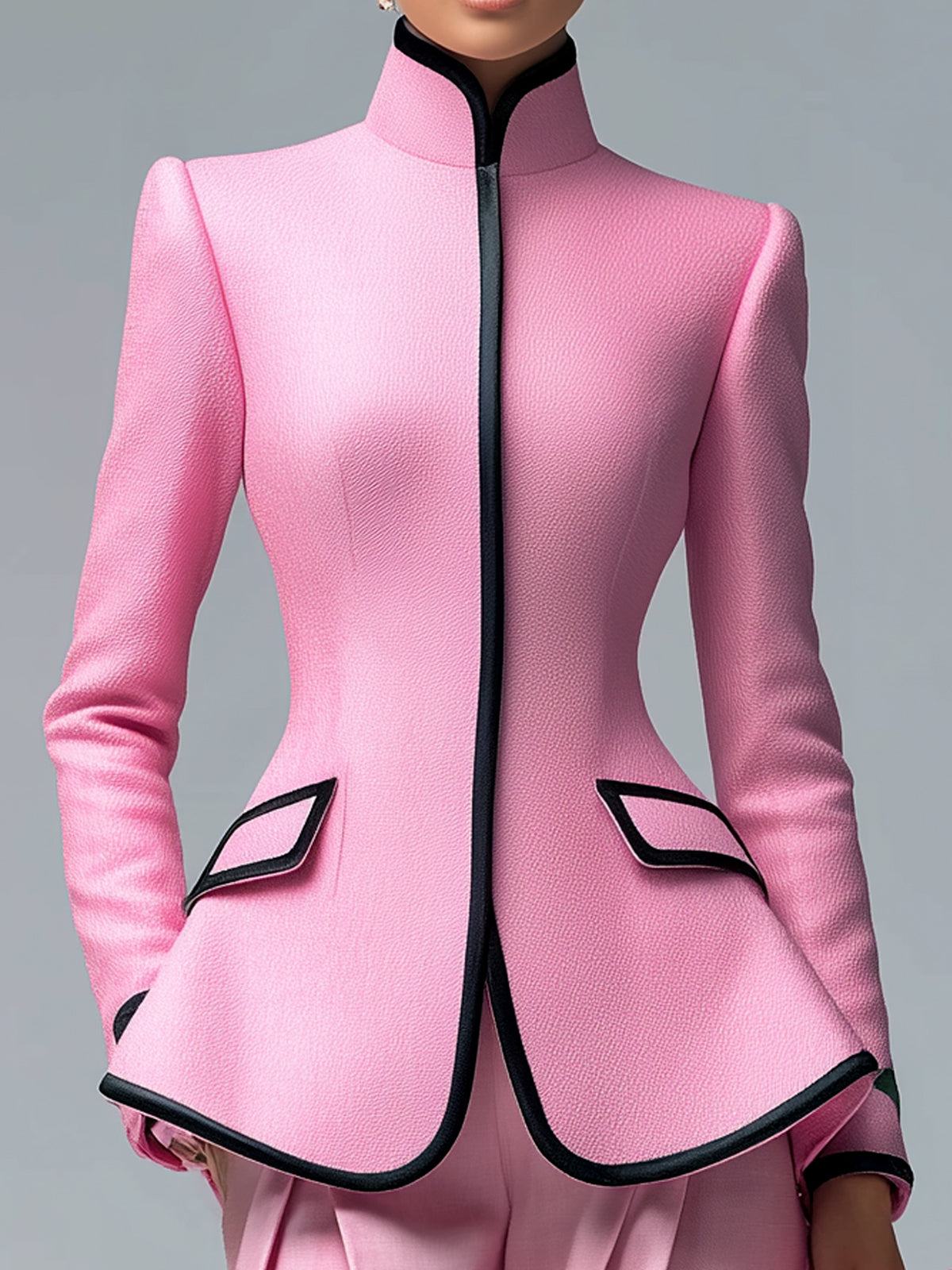 ElevenOra Chic Vintage Pink Stand Collar Single-Breasted Contrast Trim Tailored Waist Blazer