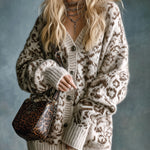 ElevenOra Casual Chic Leopard Jacquard V-neck Single-breasted Oversized Long-sleeved Mohair Knit Cardigan