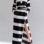 ElevenOra Chic Casual Contrast Stripes Polo Collar Belted Long Sleeve Side Slit Knitted Maxi Dress