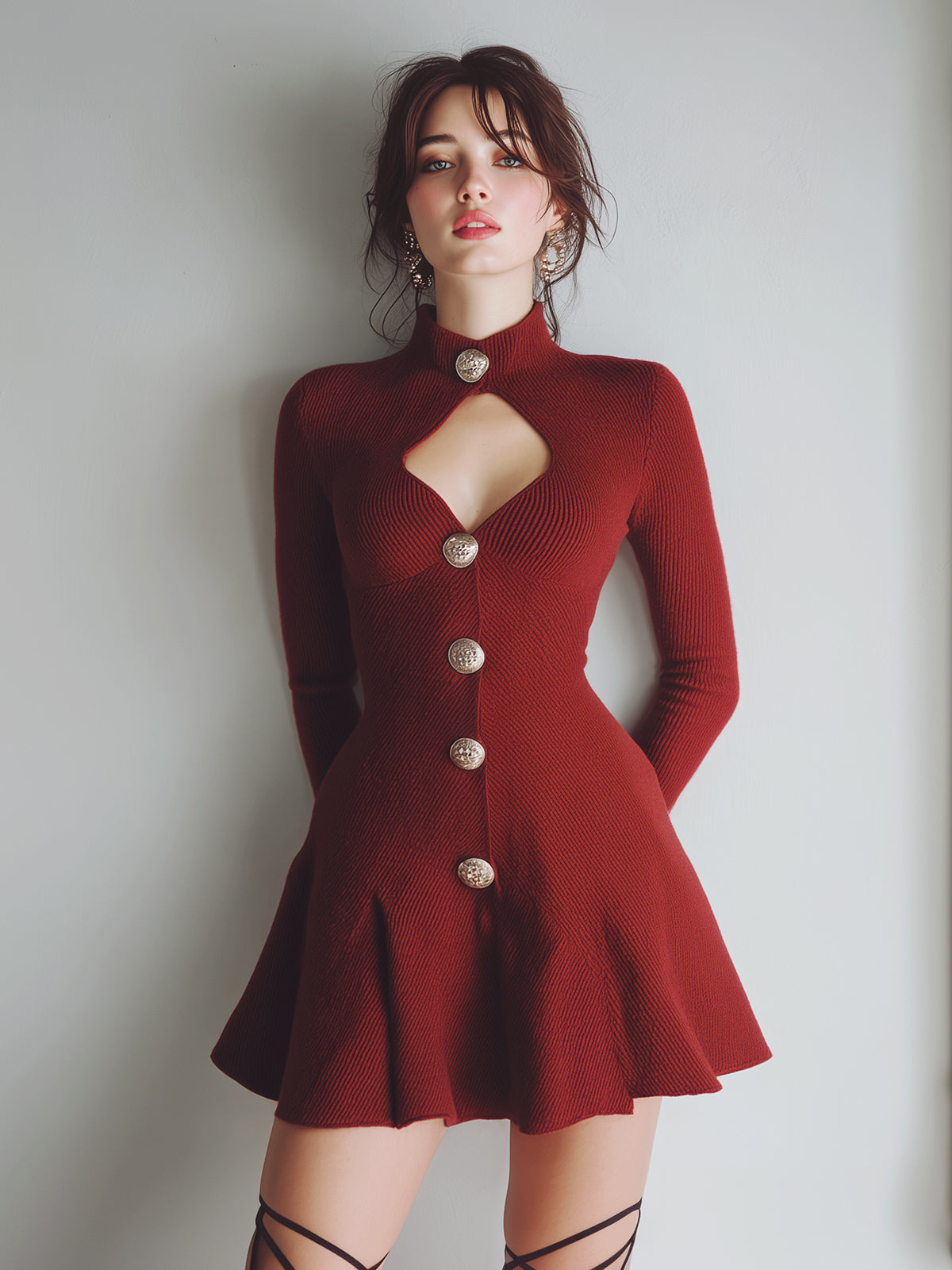 ElevenOra Stylish High Neck Cutout Ornate Metal Buttons Long-Sleeve Flared Knit Mini Dress