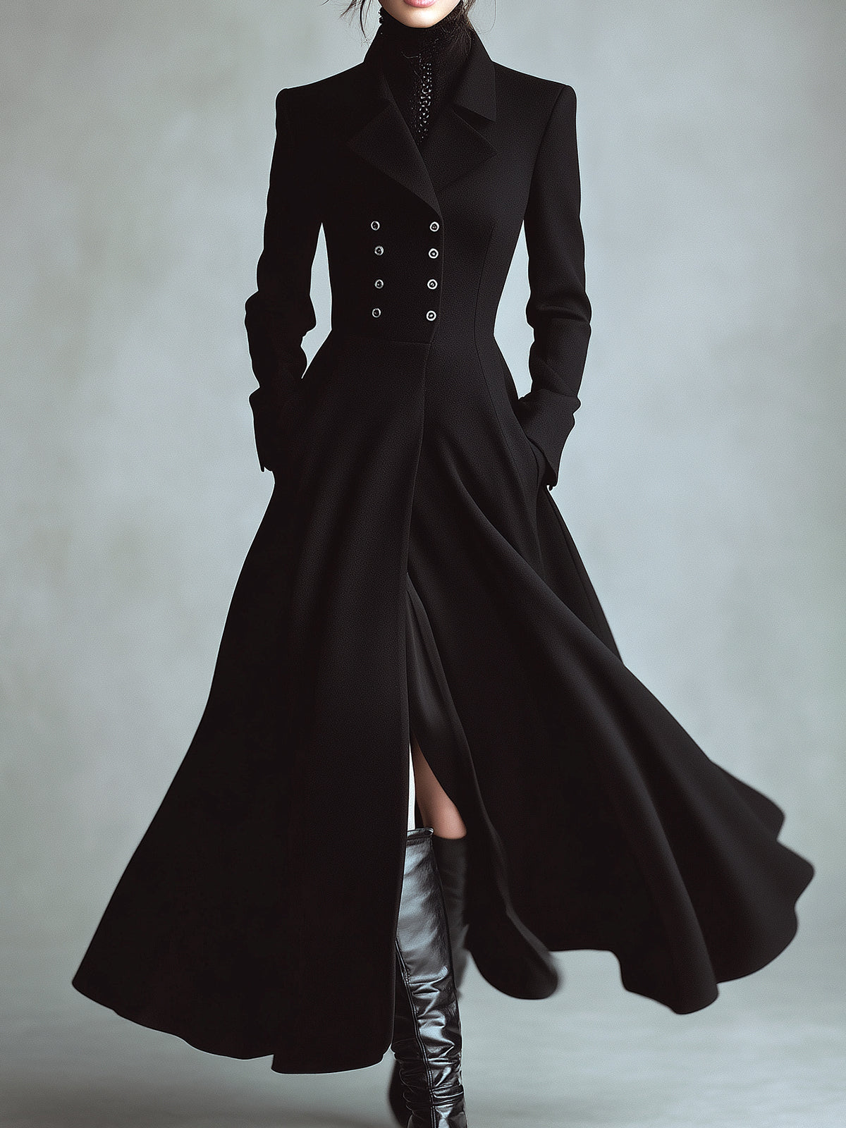ElevenOra Elegant Vintage Wool Blend Lapel Double-Breasted Tailored Waist Maxi Dress Coat