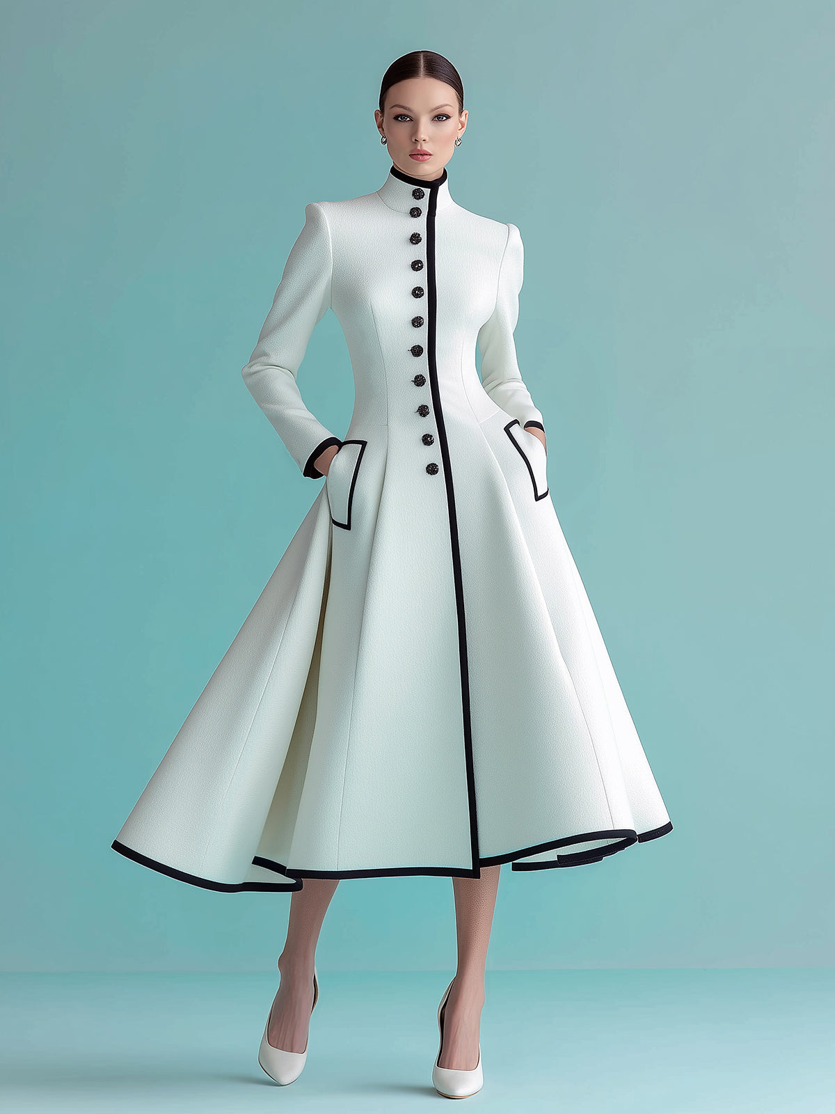 ElevenOra Vintage Elegant Wool Blend Stand Collar Single-breasted Tailored Waist Mid-Length Dress Coat