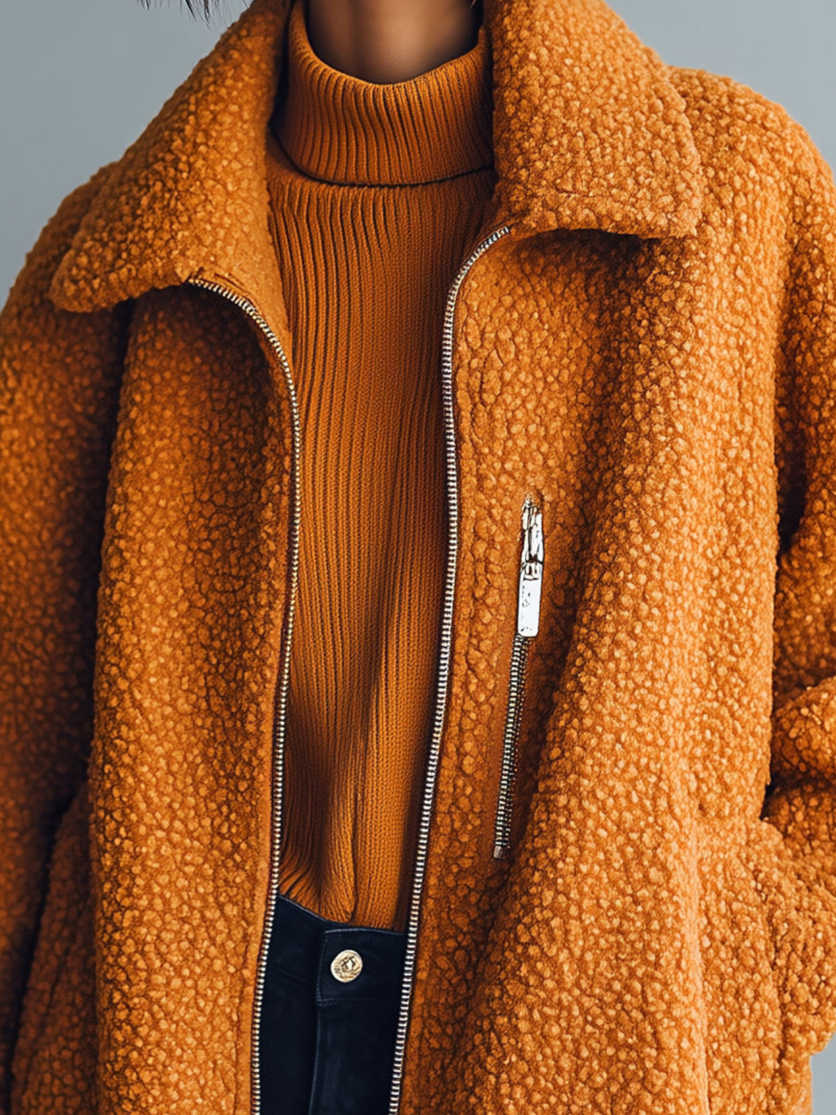 ElevenOra Casual Orange Faux Sherpa Lapel Zip-Front Oversized Warm Coat