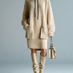 ElevenOra Chic Casual Light Khaki Oversized Long Sleeve Patch Pockets Knit Hooded Midi Dress