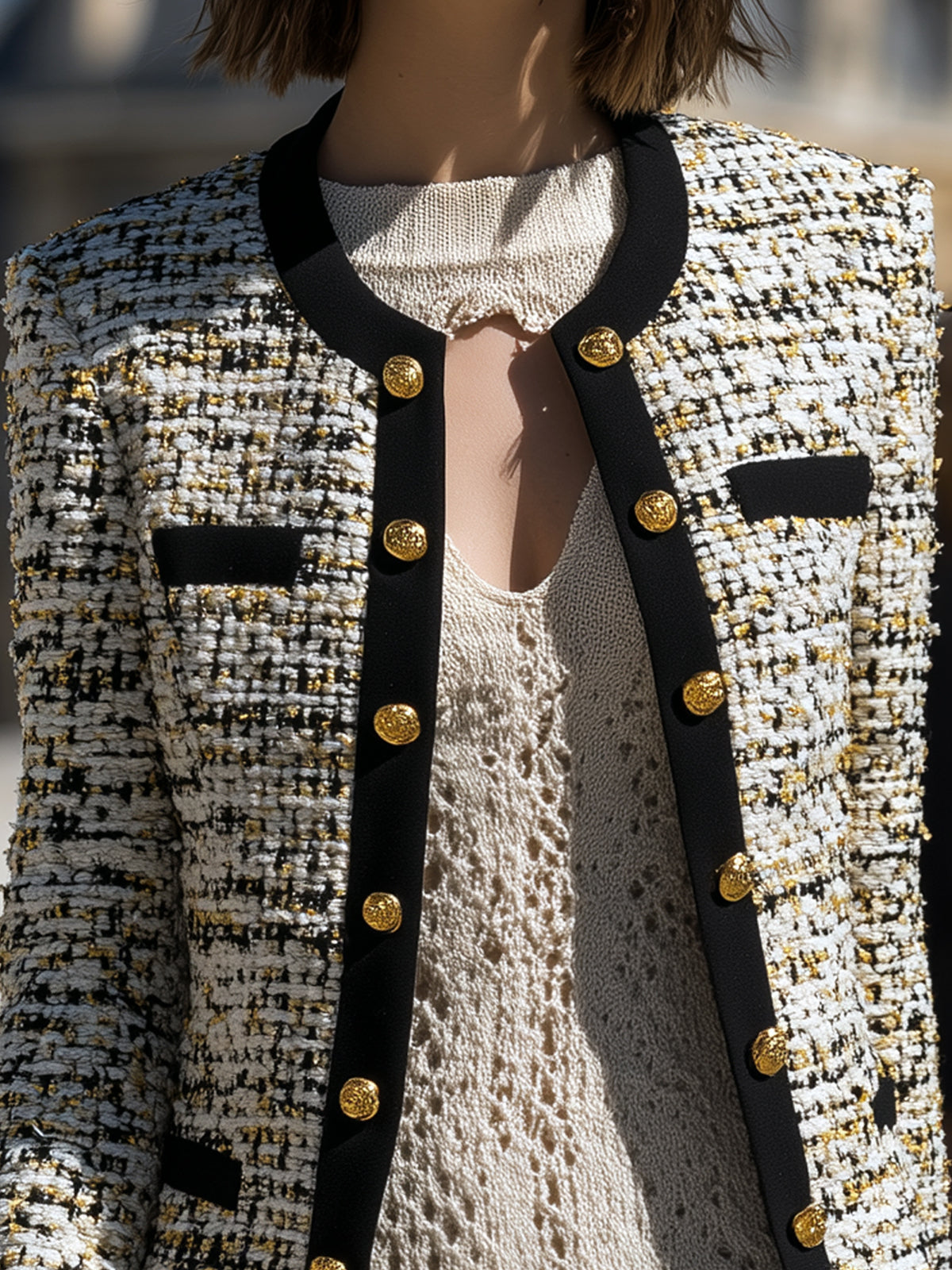 ElevenOra Vintage Elegant Tweed Round-neck Contrast Trim Metal Button Details Slim-fit Jacket