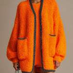 ElevenOra Chic Casual Orange Contrast Trim Patch Pockets Oversized Mid-Length Knit Cardigan