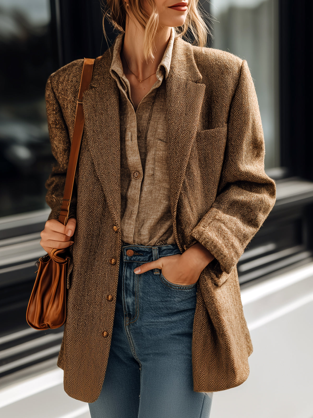 ElevenOra Casual Chic Brown Herringbone Wool Blend Notch Lapel Single-Breasted Oversized Blazer