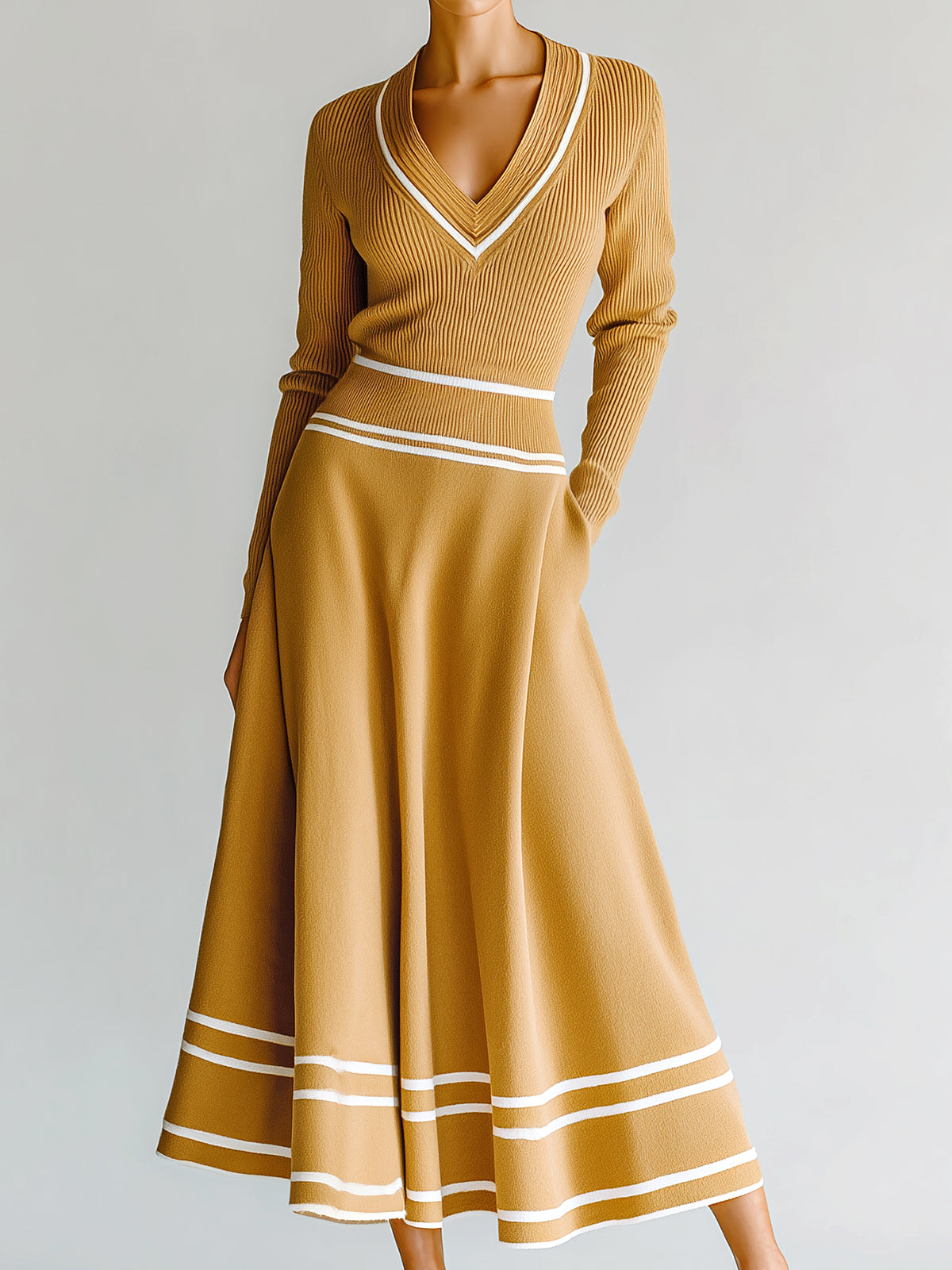 ElevenOra Chic Vintage Contrast Stripes V-Neck Slim-Fit Long-sleeve Sweater Elastic Waist A-Line Skirt Knit Two-piece Set