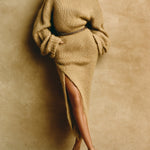 ElevenOra Stylish Elegant Camel Turtle Neck Chain Belted Side Slit Long Sleeve Knit Midi Dress