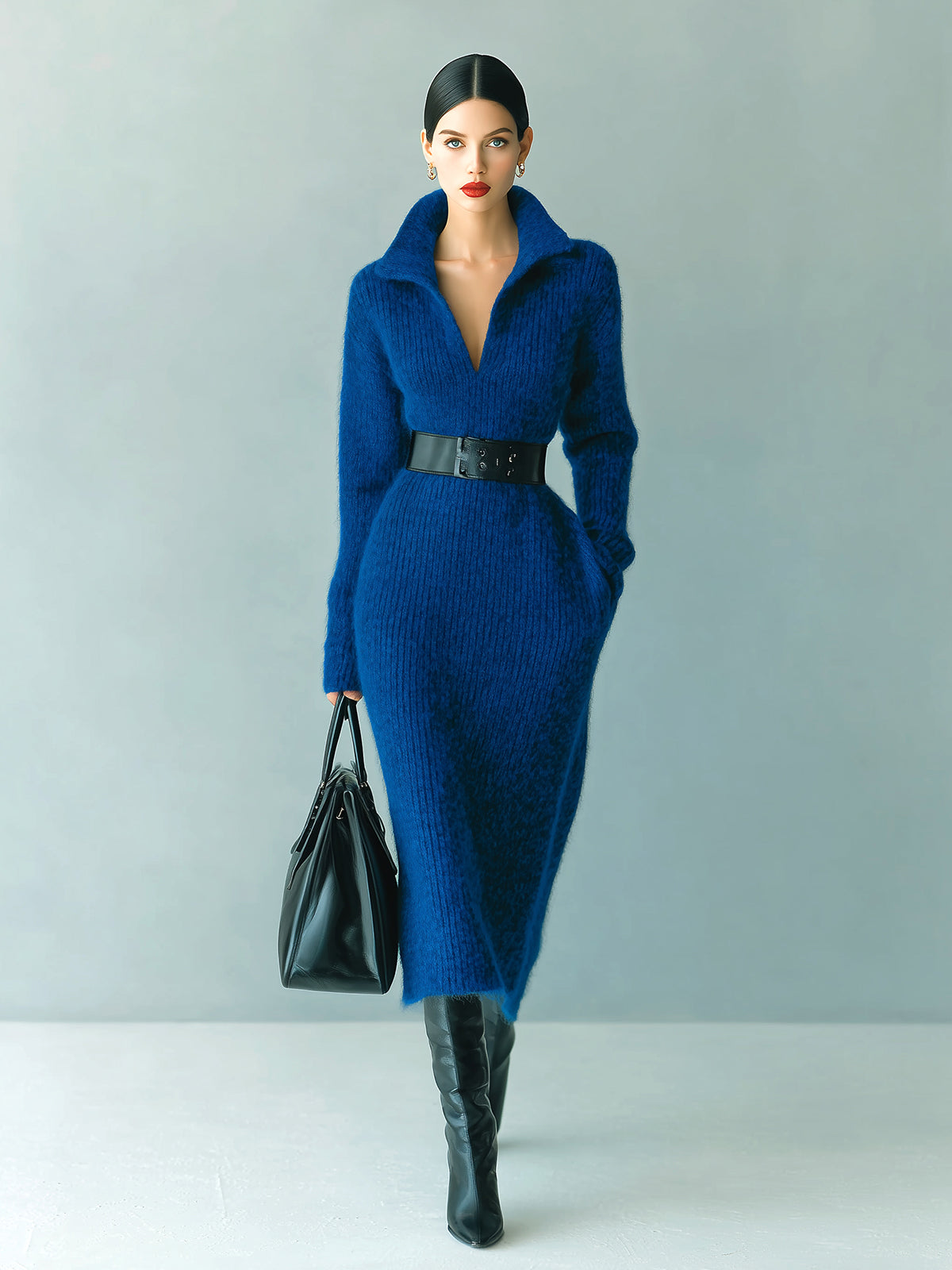 ElevenOra Stylish Elegant Royal Blue Lapel V-Neck Belted Long-sleeved Knit Maxi Dress