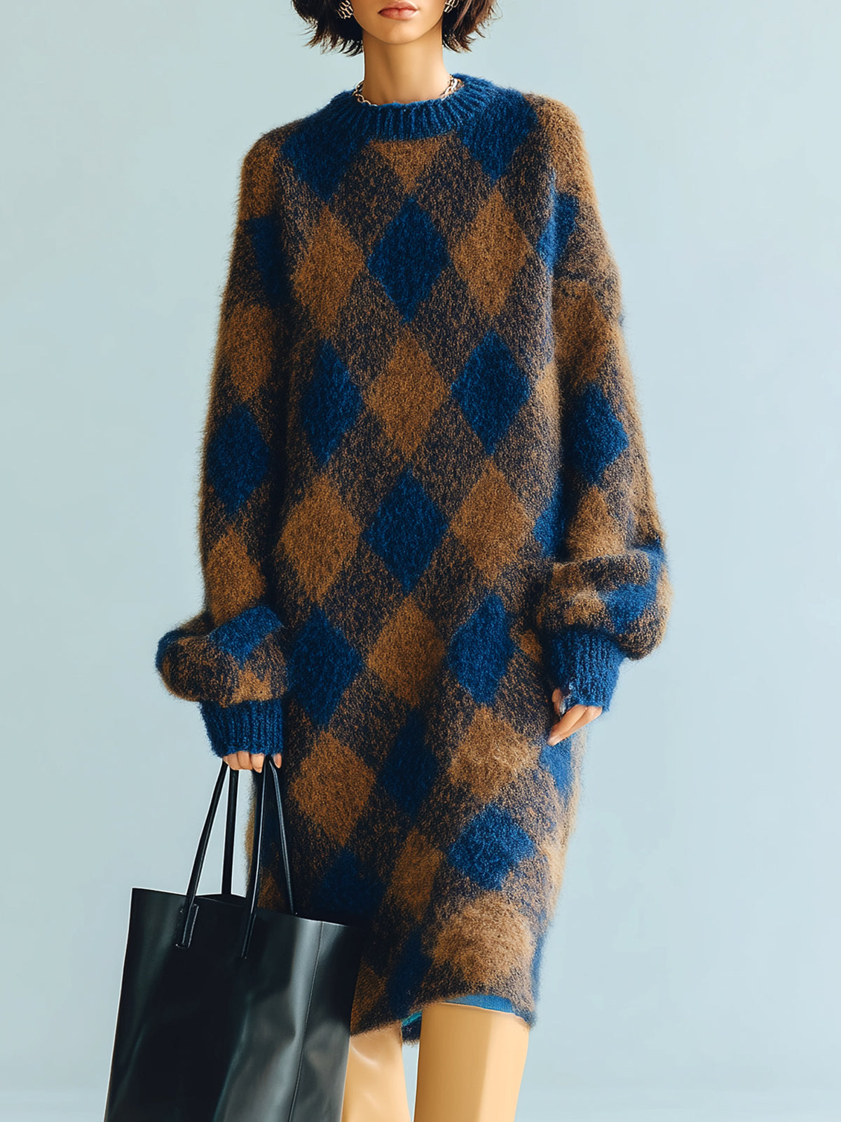 ElevenOra Chic Retro Contrast Diamond Jacquard Round Neck Oversized Long-sleeved Knitted Midi Dress