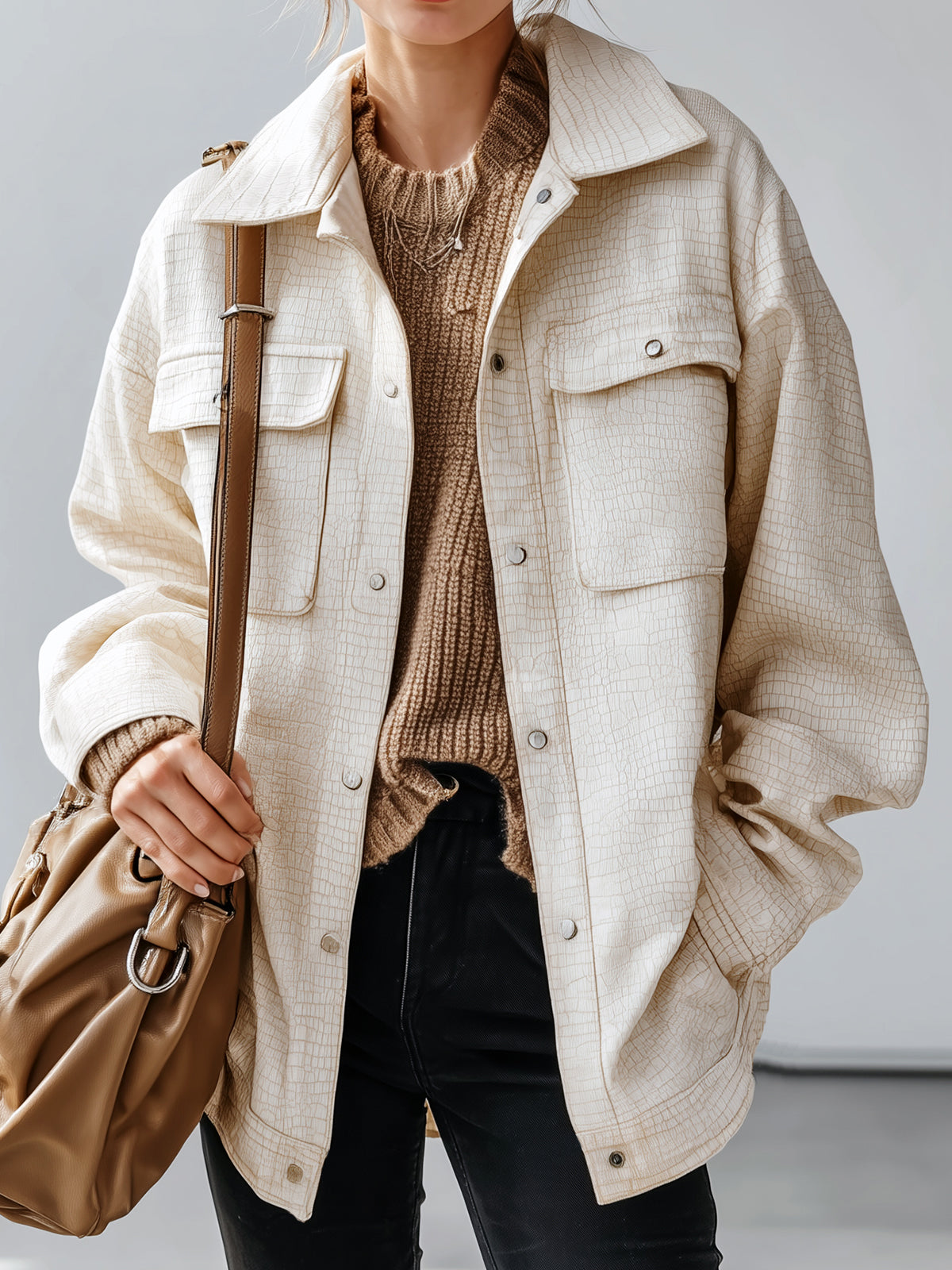 ElevenOra Casual Beige Crocodile Embossed Faux Leather Lapel Single-Breasted Utility Pocket Oversized Jacket