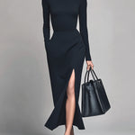 ElevenOra Casual Office Cotton Blend Turtleneck Long Sleeve High Side Slit Bodycon Maxi Dress