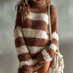 ElevenOra Chic Cozy Contrast Striped Turtleneck Long-sleeved Oversized Mohair Knit Mini Dress