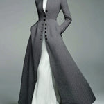 ElevenOra Vintage Elegant Herringbone Wool Blend Stand Collar Single-Breasted Tailored Waist Long Coat