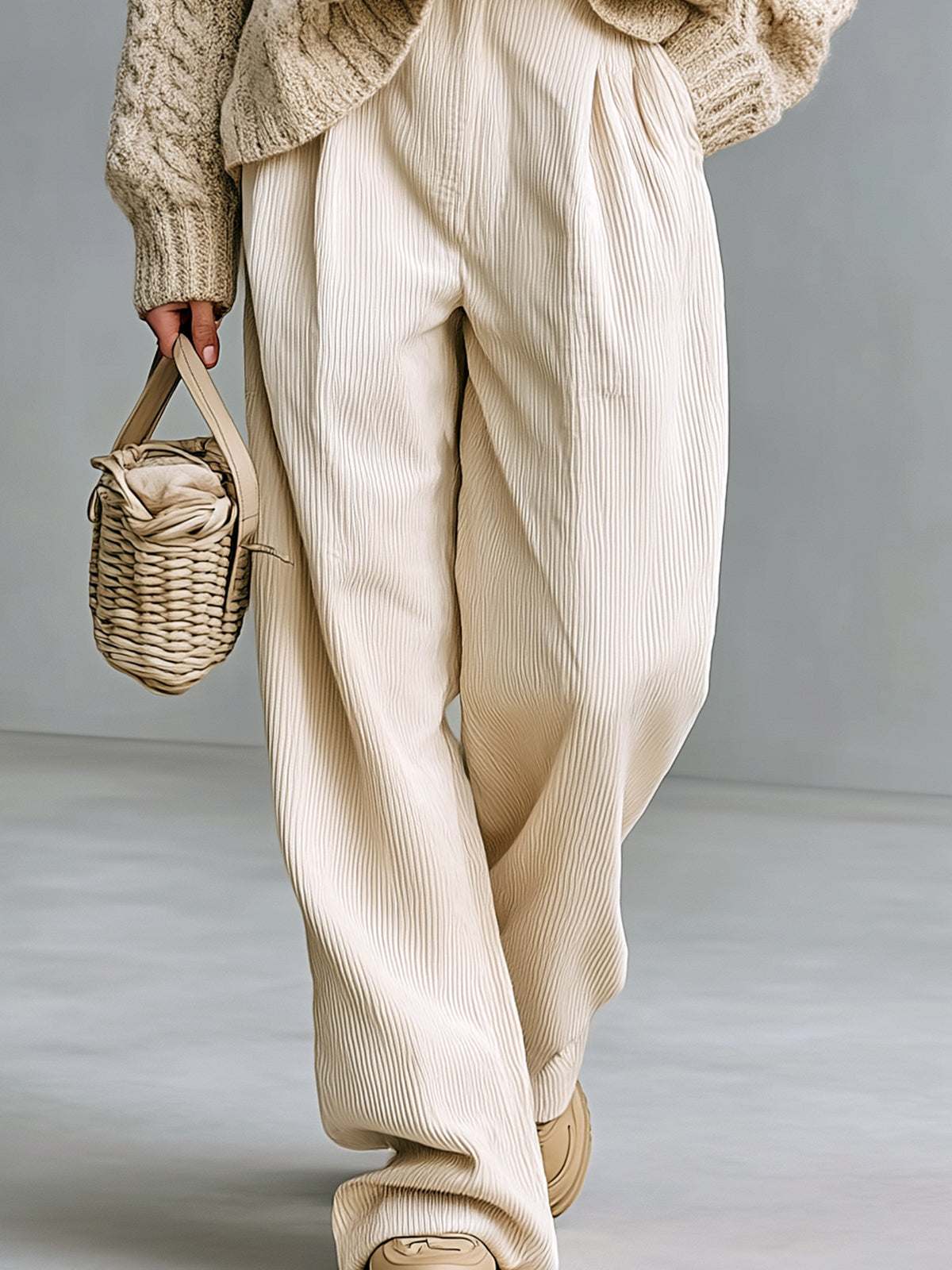 ElevenOra Chic Lapel Single-breasted Long-sleeved Cable-knit Cardigan And Wide-leg Ribbed Knit Two-piece Set