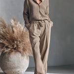 ElevenOra Chic Stand-up Collar Single-breasted Long-sleeved Cardigan Belted Wide-leg Pants Ribbed Knit Two-piece Set