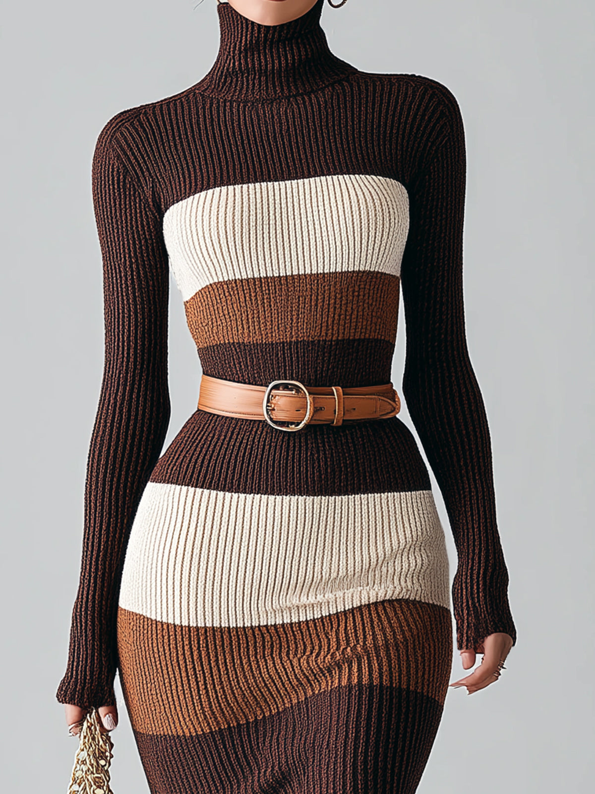 ElevenOra Chic Elegant Colorblock Turtle Neck Belted Long Sleeve Bodycon Knit Midi Dress