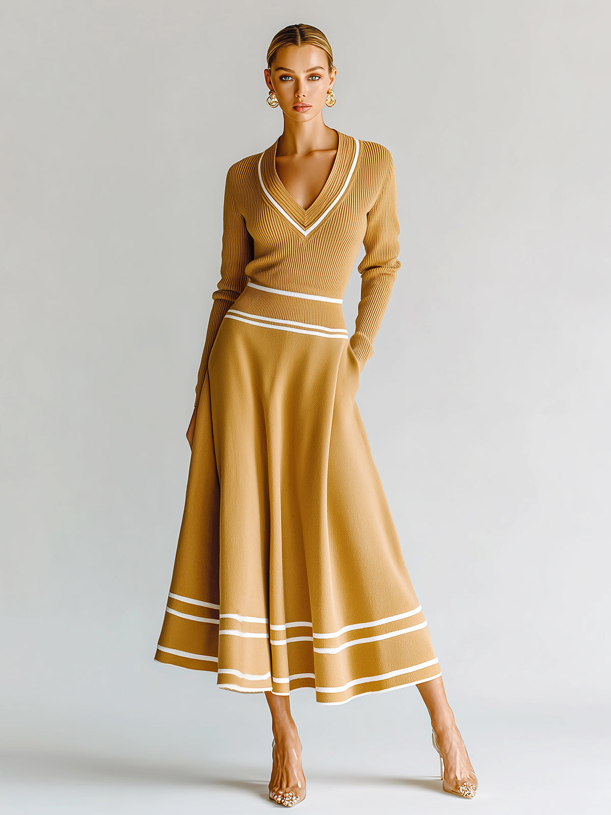 ElevenOra Chic Vintage Contrast Stripes V-Neck Slim-Fit Long-sleeve Sweater Elastic Waist A-Line Skirt Knit Two-piece Set