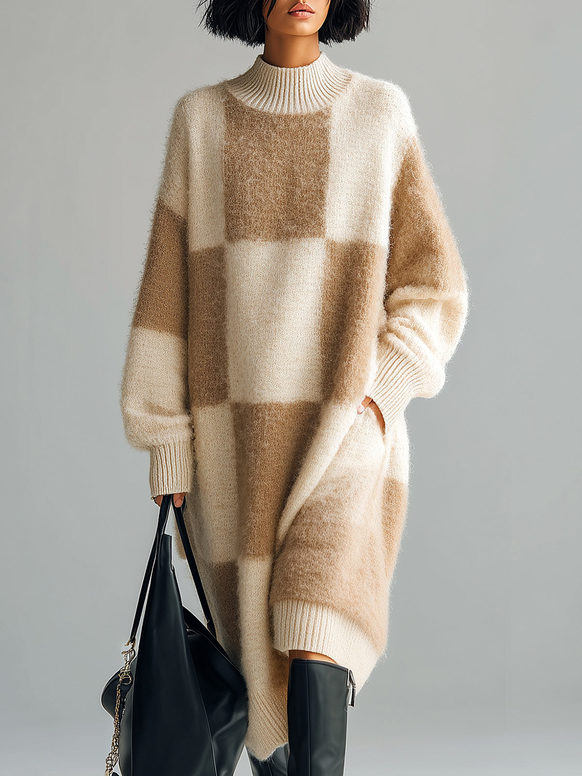 ElevenOra Chic Elegant Contrast Checkerboard Round Neck Oversized Long-sleeved Knitted Midi Dress