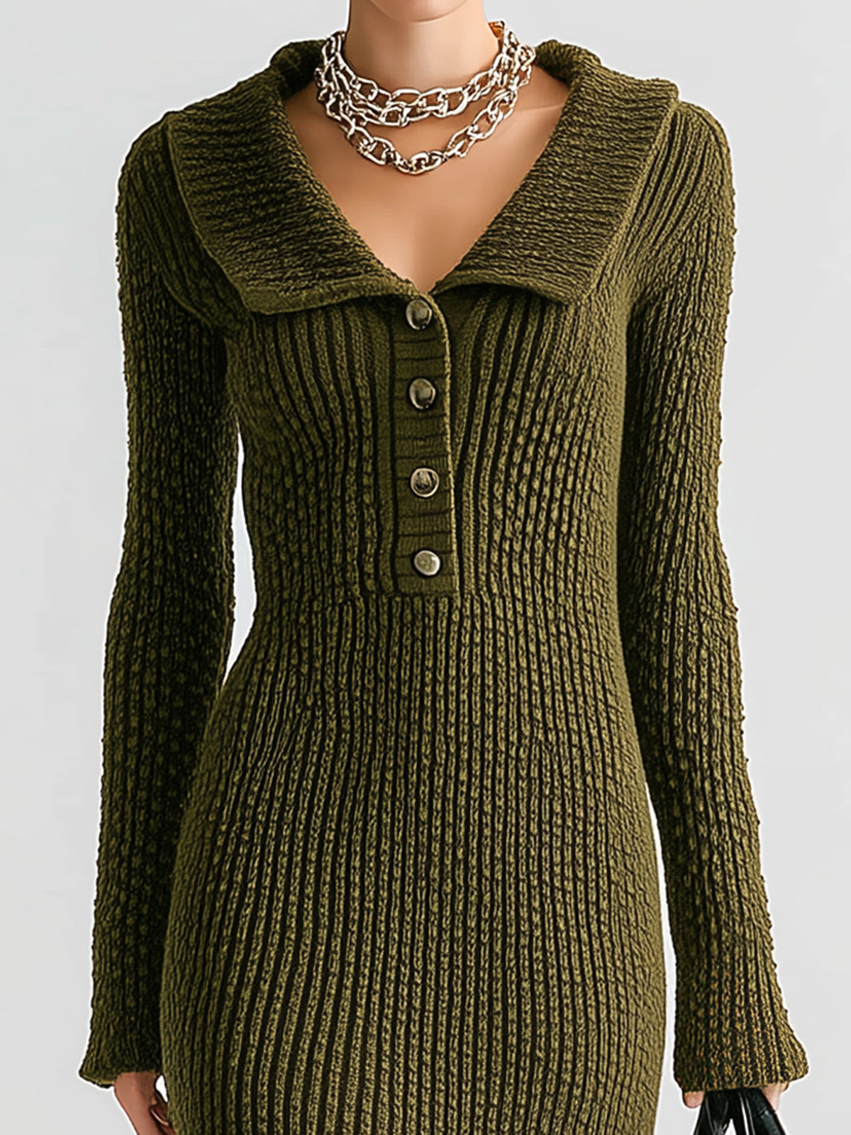 ElevenOra Stylish Button-up Lapel Collar Long Sleeves Knit Flounce Hem Midi Dress