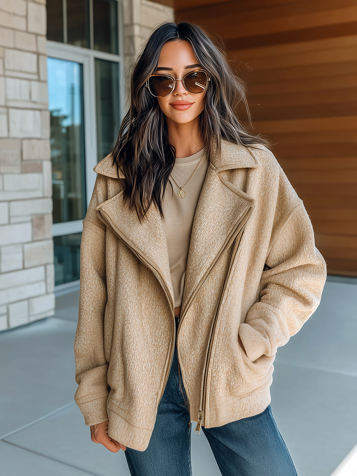 ElevenOra Casual Chic Cotton Blend Oversized Asymmetrical Zip Collared Jacket