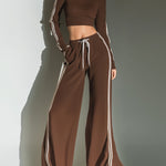 ElevenOra Chic Vintage Mock Neck Slim-Fit Mini Sweater Wide-leg Pants Contrast Trims Knit Two-Piece Set