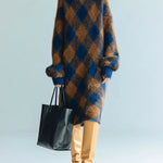 ElevenOra Chic Retro Contrast Diamond Jacquard Round Neck Oversized Long-sleeved Knitted Midi Dress