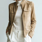 ElevenOra Chic Casual Light Khaki Suede Faux Stand-Collar Zipper Utility-Pocket Cropped Jacket