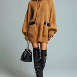 ElevenOra Casual Caramel Oversize Hooded PU Pocket Details Knit Sweater Mini Dress