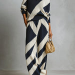 ElevenOra Chic Elegant Geometric Jacquard Lapel Long-sleeved Polo Sweater Wide-leg Pants Knitted Two-piece Set