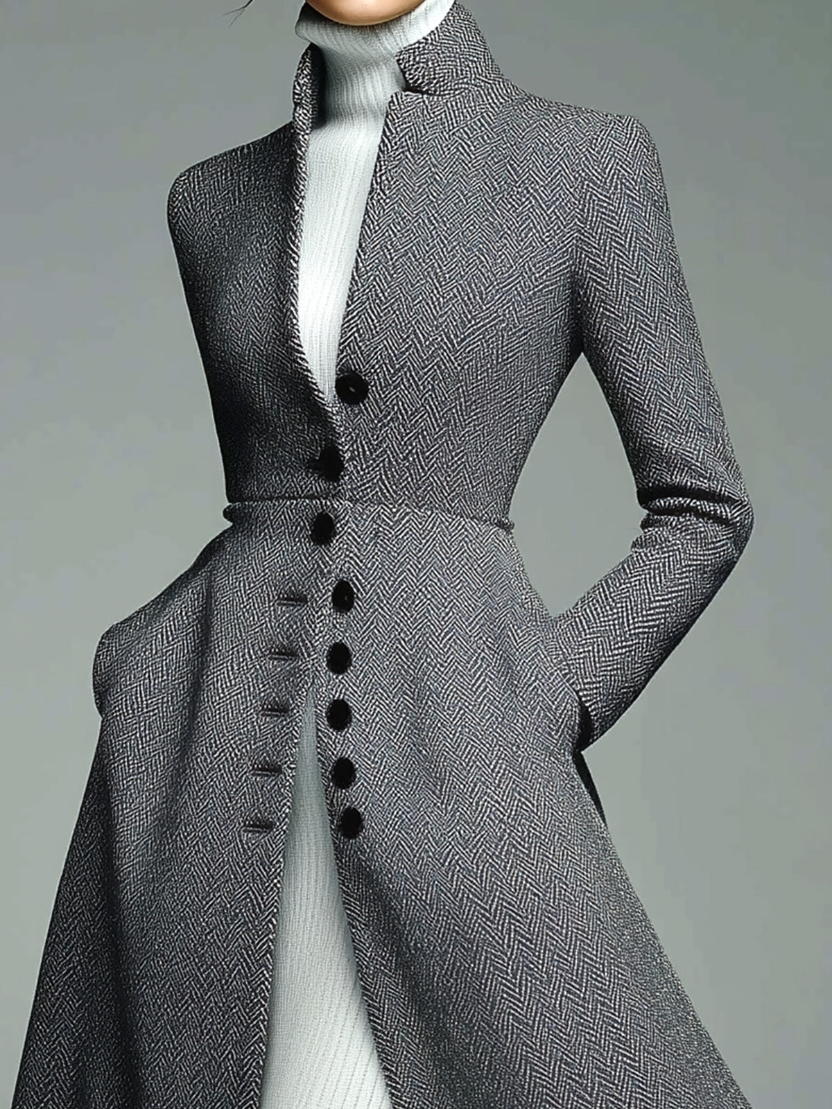 ElevenOra Vintage Elegant Herringbone Wool Blend Stand Collar Single-Breasted Tailored Waist Long Coat